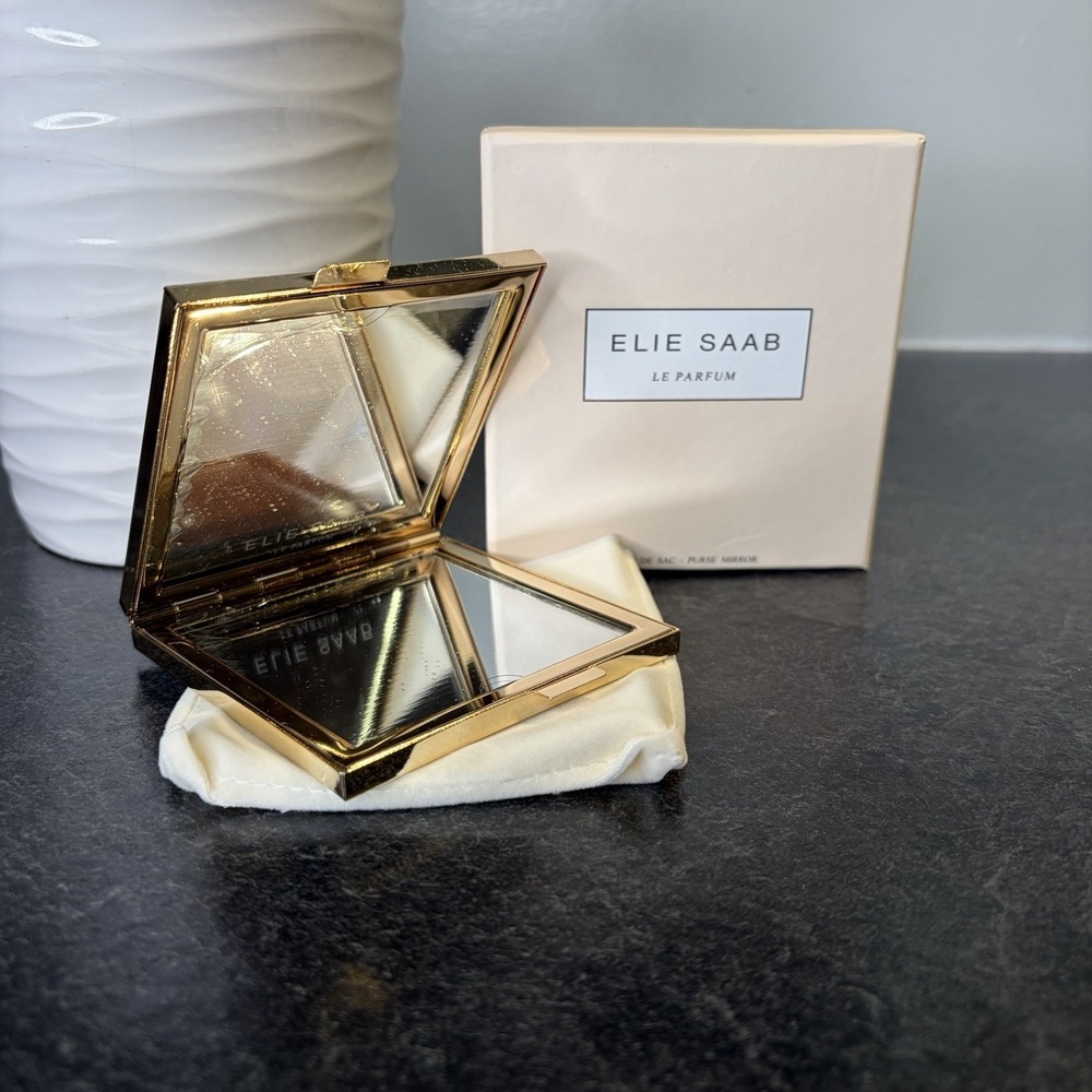 NEW Elie Saab Golden 3.25"‎ Square Enameled Purse Mirror Compact